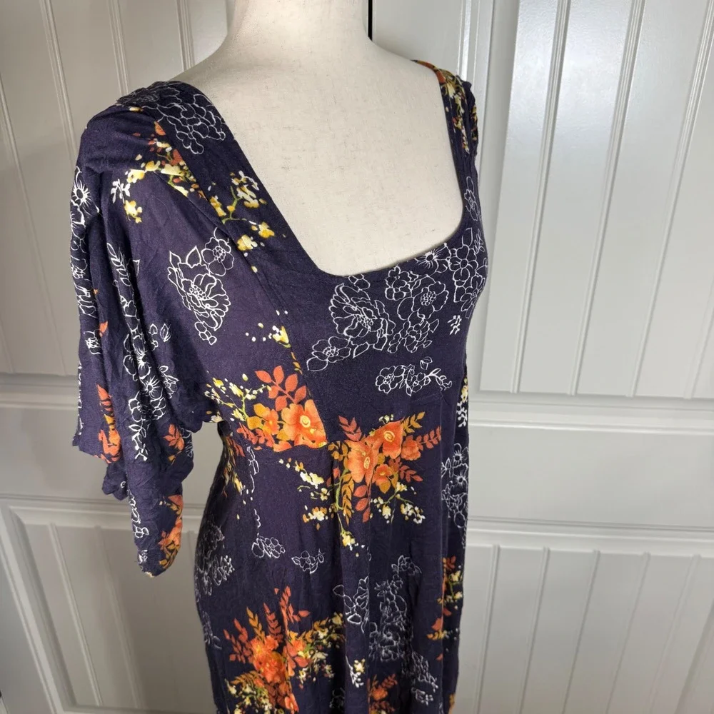 Maeve Anthropologie‎ Floral Midi Dress Womens Small Navy Blue Rayon Boho Flutter